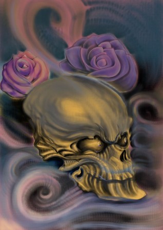 Tattoos - Custom skull with bio-mechanic elements + roses - 48709